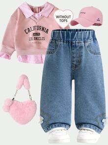 SHEIN 女嬰牛仔寬腿長褲，四季休閒可愛淺藍色牛仔水洗做舊效果，3D花朵貼花刺繡與蜜蜂印花，鬆緊腰寬鬆寬腿版型，輕盈柔軟細棉牛仔面料，日常百搭短袖T恤，開學日常出遊校園穿搭，熱門清新刺繡牛仔寬腿褲 - 淺色水洗藍 - 查看 3