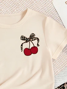 Tween Girls Fall Leopard Print Bow Cherry Graphic Tee & Leggings Set, Casual Sweet Autumn Outfit - Multicolor - View 6