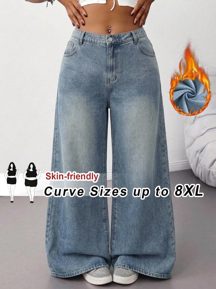 SHEIN CURVE+ Plus Size Fashion Button Pocket Loose Fit Denim Jeans Teacher For Women - Blue - View 7