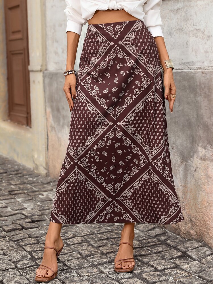 Brillora Paisley Bandana Print High Waist A‑Line Skirt,BOHO,Daily Commute,Vacation,Music Festival,70s Retro,Western Chic - Brown - View 7