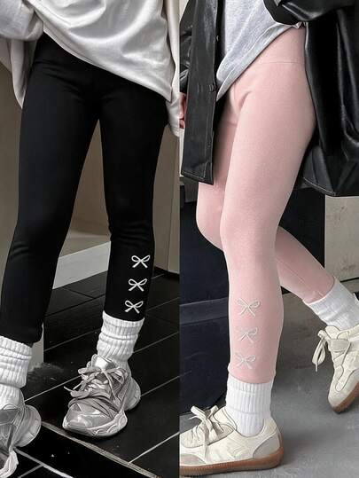 2pcs Girls Autumn/Winter New AB Double-Sided Thermal Lined Thickened High Elastic Long Pants With Embroidered Bow Pattern