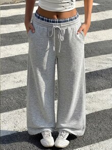 SHEIN 青少年女孩灰色針織寬腿休閒格紋腰部細節舒適運動長褲，秋季 - 淺灰色 - 查看 9
