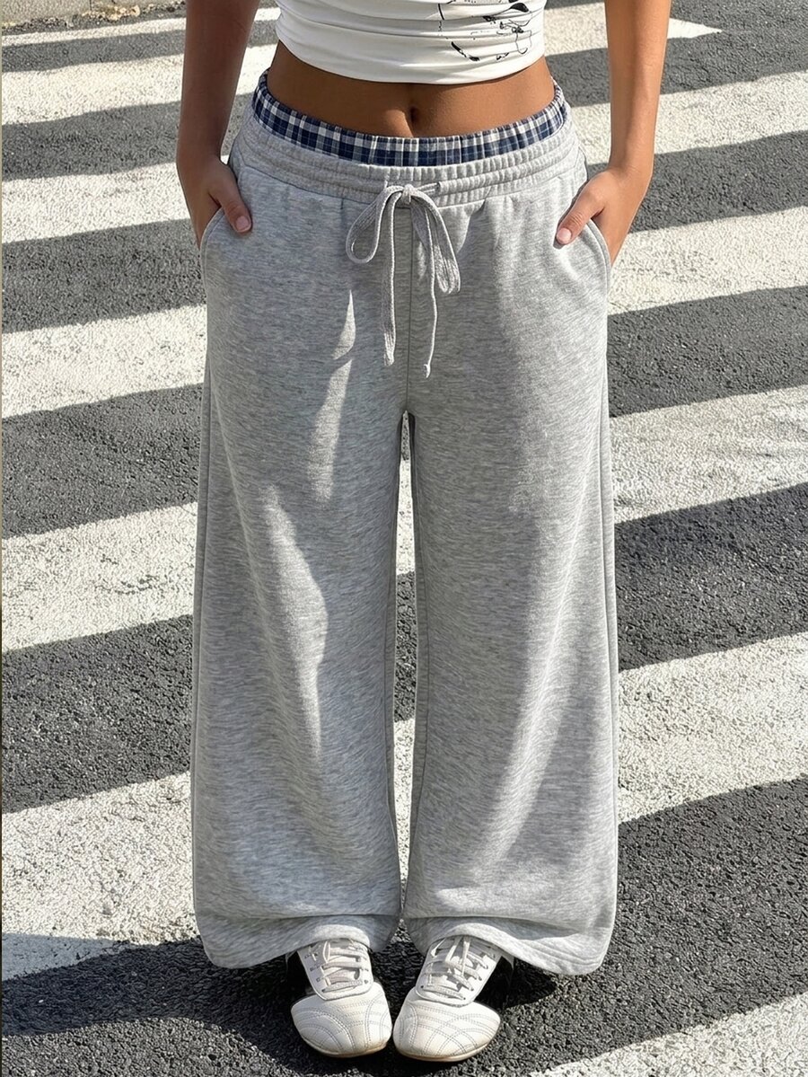 SHEIN 兒童青少年女孩灰色針織寬腿休閒格紋腰部細節舒適運動長褲,秋季 - 淺灰色 - 查看 1