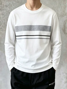 Boys' Casual Colorblock Striped Print Crew Neck Long Sleeve T-Shirt, Suitable For Spring/Autumn Daily Casual Wear, Comfortable Fabric, Fashionable Fit, New Autumn/Winter Style, Suitable For Multiple Seasons And Occasions - White - View 5