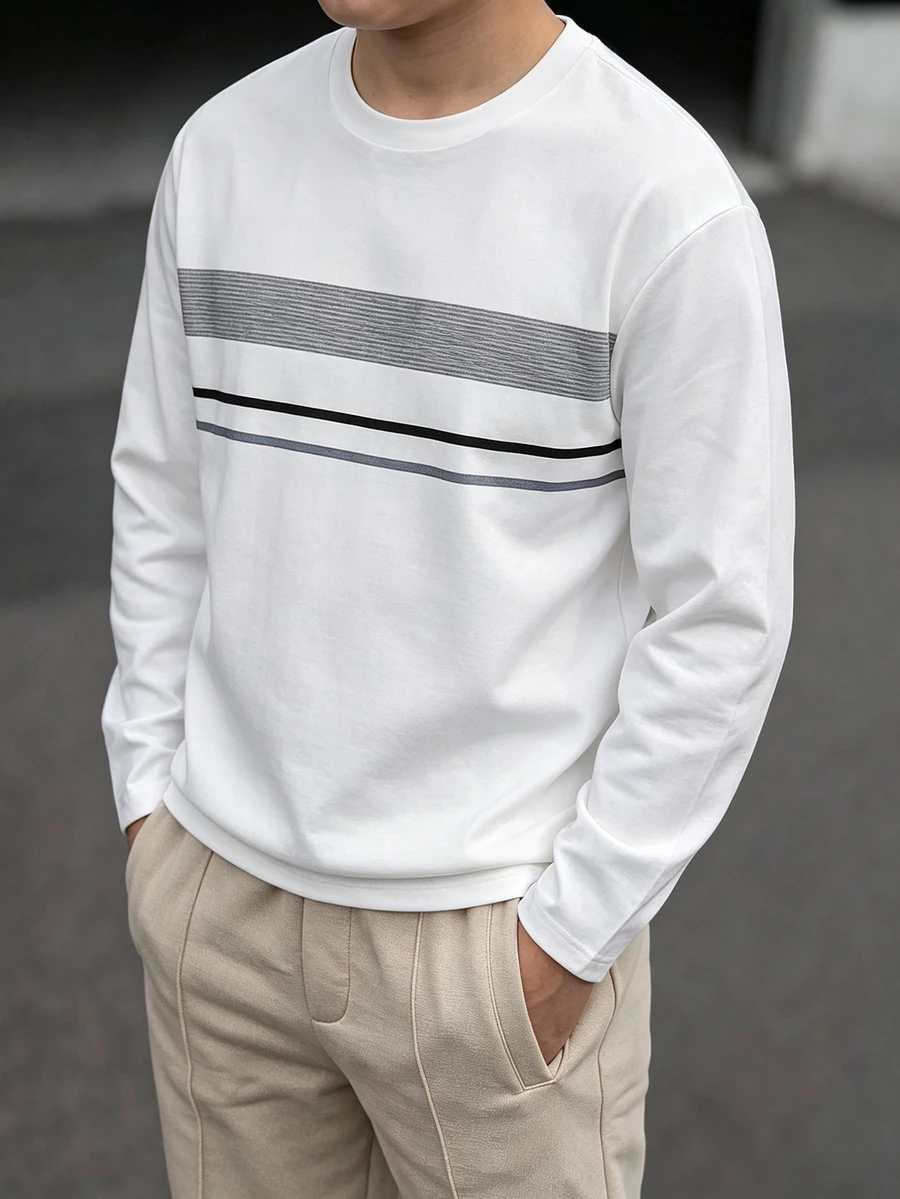 Boys' Casual Colorblock Striped Print Crew Neck Long Sleeve T-Shirt, Suitable For Spring/Autumn Daily Casual Wear, Comfortable Fabric, Fashionable Fit, New Autumn/Winter Style, Suitable For Multiple Seasons And Occasions - White - View 1