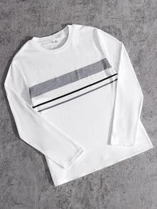 Boys' Casual Colorblock Striped Print Crew Neck Long Sleeve T-Shirt, Suitable For Spring/Autumn Daily Casual Wear, Comfortable Fabric, Fashionable Fit, New Autumn/Winter Style, Suitable For Multiple Seasons And Occasions - White - View 3