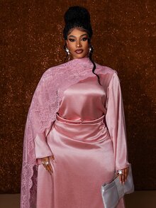 Maweii Plus Size Dusty Pink Slimming Waist Satin Evening Party Cocktail Dinner Formal Dress Lace Ribbon Design Fall Wedding Elegant Fuchsia Pink New Year - Pink - View 2