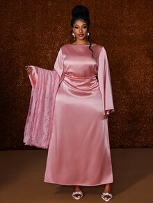 Maweii Plus Size Dusty Pink Slimming Waist Satin Evening Party Cocktail Dinner Formal Dress Lace Ribbon Design Fall Wedding Elegant Fuchsia Pink New Year - Pink - View 3