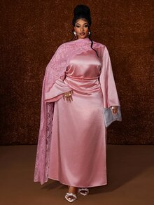 Maweii Plus Size Dusty Pink Slimming Waist Satin Evening Party Cocktail Dinner Formal Dress Lace Ribbon Design Fall Wedding Elegant Fuchsia Pink New Year - Pink - View 4
