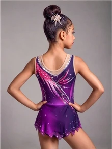 SHEIN 女童深紫色無袖運動運動圖案現代套裝，精緻印花，彈性面料，韻律體操舞蹈，夏季 - 紫色 - 查看 3