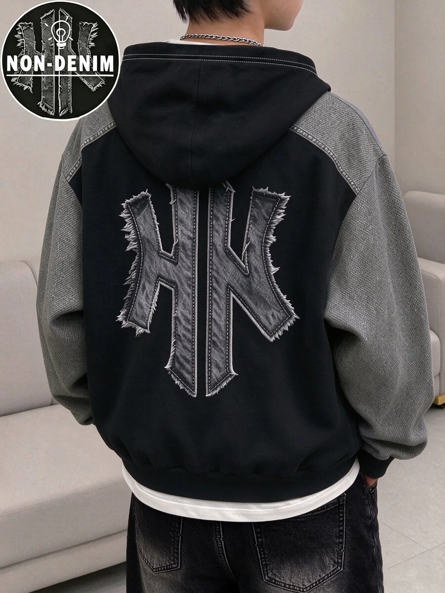Hooded Long Sleeve Zip-Up, Digital Print, Boys Autumn, Minimalist Streetwear Skater Casual Street Daily Graduation College Black - Multicolor - View 1