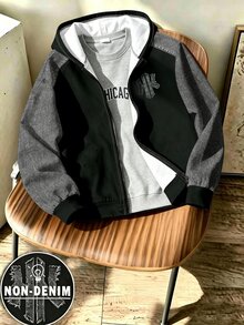 Hooded Long Sleeve Zip-Up, Digital Print, Boys Autumn, Minimalist Streetwear Skater Casual Street Daily Graduation College Black - Multicolor - View 8