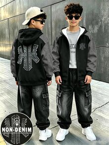 Hooded Long Sleeve Zip-Up, Digital Print, Boys Autumn, Minimalist Streetwear Skater Casual Street Daily Graduation College Black - Multicolor - View 2
