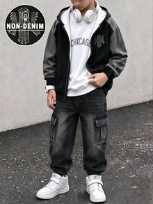 Hooded Long Sleeve Zip-Up, Digital Print, Boys Autumn, Minimalist Streetwear Skater Casual Street Daily Graduation College Black - Multicolor - View 4
