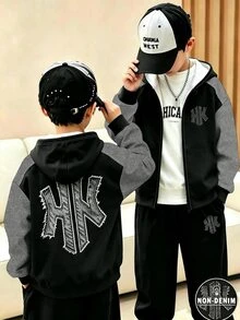 Hooded Long Sleeve Zip-Up, Digital Print, Boys Autumn, Minimalist Streetwear Skater Casual Street Daily Graduation College Black - Multicolor - View 5
