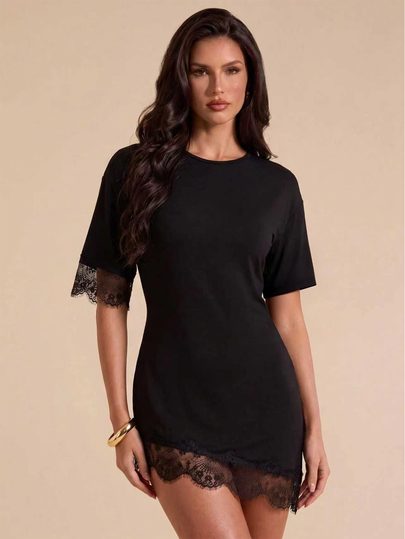 Bluhae Women's Lace Trim Asymmetrical Hem T-Shirt Dress, Batwing Sleeve Solid Black Mini Dress