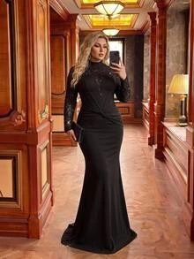 Glamrae Plus Size Black Elegant Luxurious Embroidered Sequin Lace Patchwork Satin Sexy Slit Mermaid Dress With Side Drape, Suitable For Wedding, Party, Bachelorette, Vacation, Ball, Evening Event (Heavy Workmanship) - Black - View 10