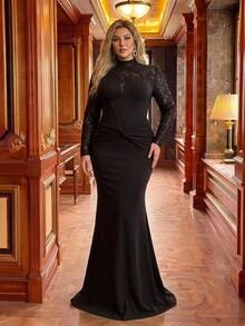 Glamrae Plus Size Black Elegant Luxurious Embroidered Sequin Lace Patchwork Satin Sexy Slit Mermaid Dress With Side Drape, Suitable For Wedding, Party, Bachelorette, Vacation, Ball, Evening Event (Heavy Workmanship) - Black - View 5