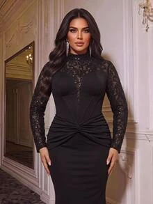 Glamrae Plus Size Black Elegant Luxurious Embroidered Sequin Lace Patchwork Satin Sexy Slit Mermaid Dress With Side Drape, Suitable For Wedding, Party, Bachelorette, Vacation, Ball, Evening Event (Heavy Workmanship) - Black - View 2
