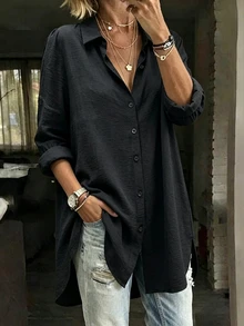 SHEIN 女款秋季長版開襟襯衫 寬鬆開衩下擺長袖上衣 辦公通勤日常休閒基礎款 黑色 - 黑色 - 查看 3