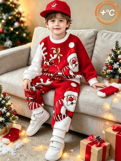 2pcs/Set Boys Christmas Sweatshirt Set, Red And White Colorblock Christmas Deer And Santa Claus Print, Loose Fit Long Sleeve Crew Neck Sweatshirt And Sweatpants, Autumn/Winter Holiday Party Kids Outfit, Halloween