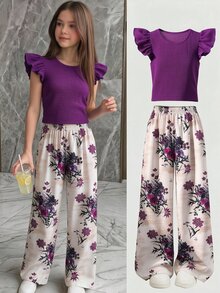 SHEIN Tween Girls 2pcs/Set Cute Purple Summer Knitted Textured Round Neck Flutter Sleeve Top Printed Straight Leg Pants Holiday Trip Pastel Cool - Multicolor - View 4