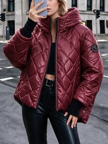 Struktiv Burgundy Hooded Diamond Quilted Puffer Jacket, Casual Winter Warm Outerwear - Burgundy - View 4