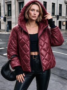 Struktiv Burgundy Hooded Diamond Quilted Puffer Jacket, Casual Winter Warm Outerwear - Burgundy - View 6