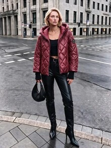 Struktiv Burgundy Hooded Diamond Quilted Puffer Jacket, Casual Winter Warm Outerwear - Burgundy - View 8