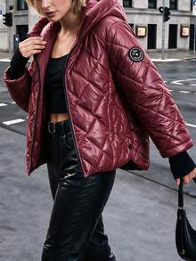 Struktiv Burgundy Hooded Diamond Quilted Puffer Jacket, Casual Winter Warm Outerwear - Burgundy - View 7