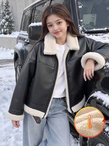 SHEIN 青少年女孩黑色抓絨內裡金屬拉鍊前襟長袖皮革夾克，白色對比毛領袖口，厚實保暖秋冬外套 - 黑色 - 查看 6