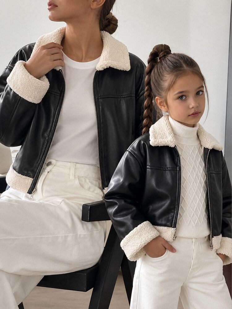 SHEIN Tween Girl Black Fleece-Lined Metal Zipper Front Long Sleeve Leather Jacket White Contrast Fur Collar Cuffs Thick Warm Autumn Winter Outerwear Club - Black - View 2