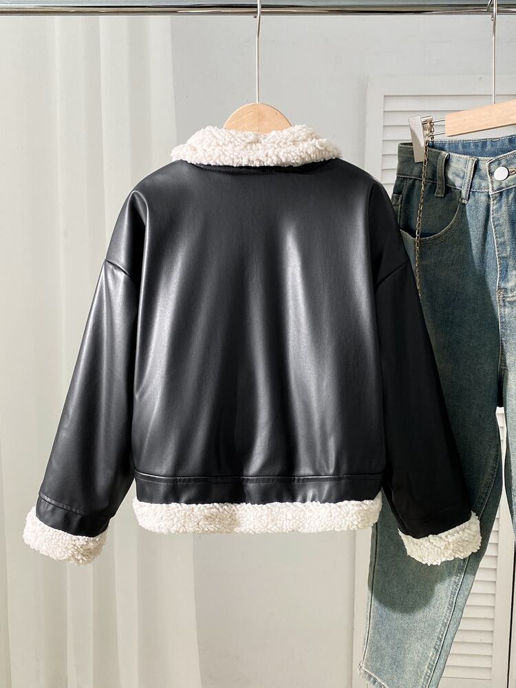 SHEIN Tween Girl Black Fleece-Lined Metal Zipper Front Long Sleeve Leather Jacket White Contrast Fur Collar Cuffs Thick Warm Autumn Winter Outerwear Club - Black - View 3