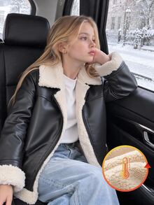 SHEIN 青少年女孩黑色抓絨內裡金屬拉鍊前襟長袖皮革夾克，白色對比毛領袖口，厚實保暖秋冬外套 - 黑色 - 查看 1