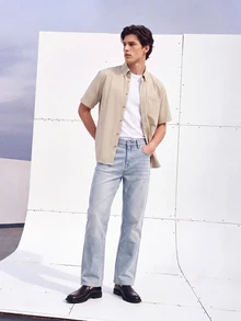 Colvenic Men's Light Wash Denim Jeans, Vintage Washed Mid-Waist Denim Long Pants, Retro Casual Trousers - Blue - View 3