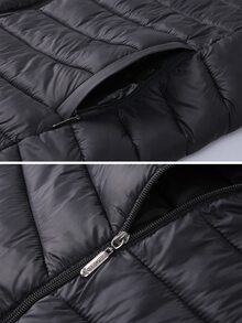 Gym Rark Men's Winter Ribbed Hooded Padded Coat, Thick Padded Coat, Stand Collar Cardigan Jacket - Black - View 5