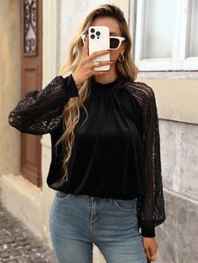 Brillora Velvet Mock Neck Sheer Lace Raglan Sleeve Gathered Blouse,Velvet Fabric,Date Night,Cocktail Party,Elegant Romantic,Autumn Clothes - Black - View 7