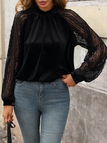 Brillora Velvet Mock Neck Sheer Lace Raglan Sleeve Gathered Blouse,Velvet Fabric,Date Night,Cocktail Party,Elegant Romantic,Autumn Clothes - Black - View 6