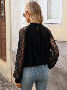 Brillora Velvet Mock Neck Sheer Lace Raglan Sleeve Gathered Blouse,Velvet Fabric,Date Night,Cocktail Party,Elegant Romantic,Autumn Clothes - Black - View 2