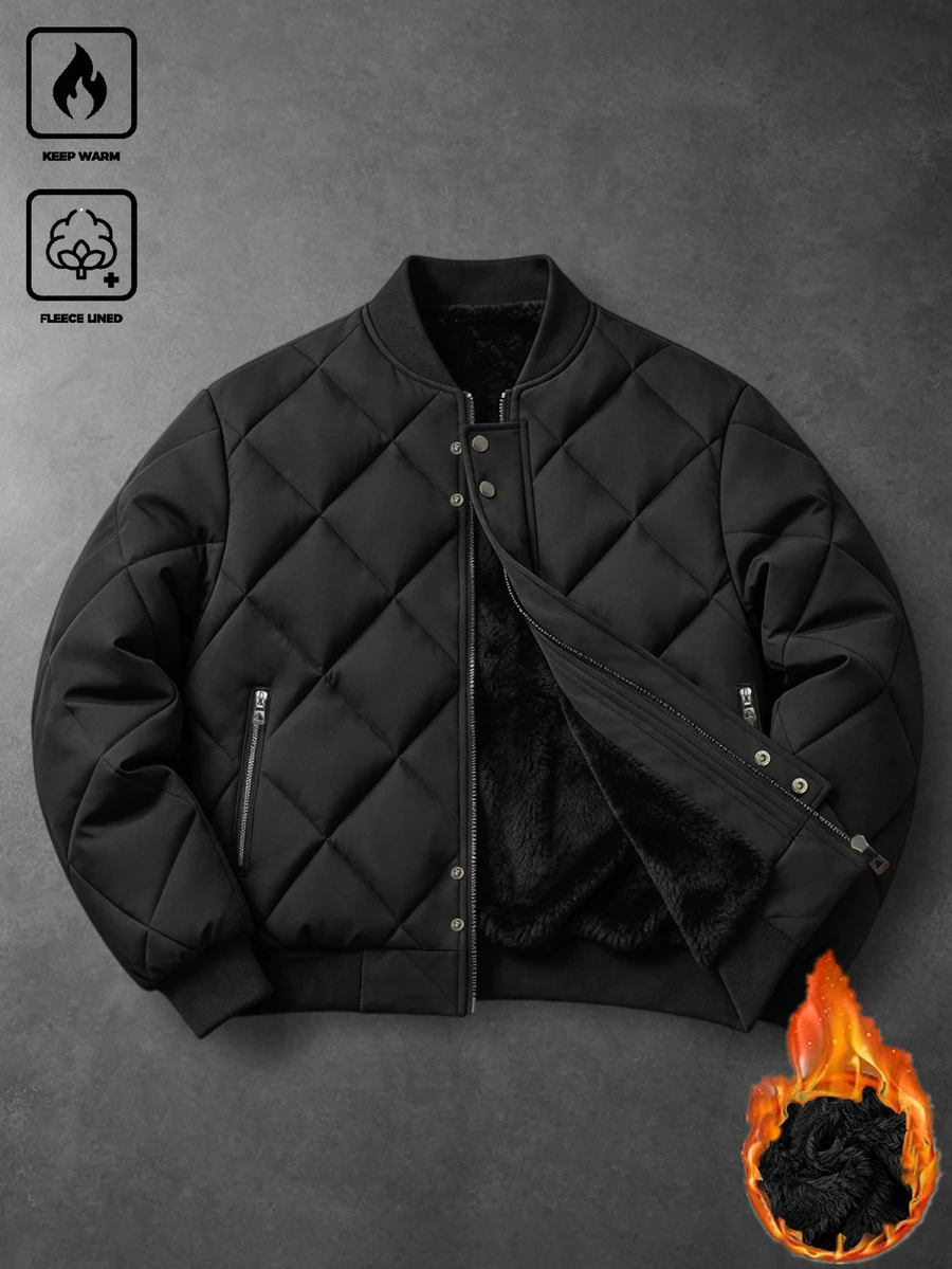 Manfinity Homme Men's Diamond Quilted Thermal Lined Baseball Collar Winter Coat, Zipper & Button Double Front Closure, Ribbed Cuffs & Hem, Autumn/Winter Daily Commute Outdoor Baseball Coat - Black - View 1