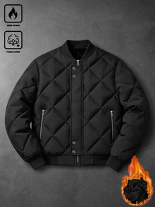 Manfinity Homme Men's Diamond Quilted Thermal Lined Baseball Collar Winter Coat, Zipper & Button Double Front Closure, Ribbed Cuffs & Hem, Autumn/Winter Daily Commute Outdoor Baseball Coat - Black - View 3