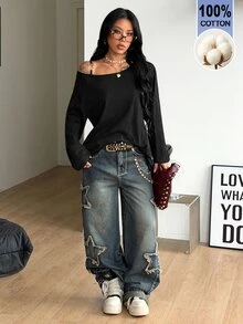 Coolane 女款秋季四季通用街頭風性感Y2K復古基礎極簡休閒龐克黑色100%純棉舒適露肩寬鬆長袖T恤 - 黑色 - 查看 2