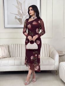 Feyla New Design Asymmetric Slanted Neckline Ruched Cinched Waist Elegant Print Elastic Dress - Multicolor - View 6