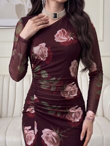 Feyla New Design Asymmetric Slanted Neckline Ruched Cinched Waist Elegant Print Elastic Dress - Multicolor - View 5