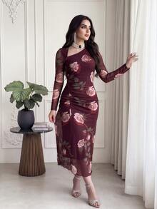 Feyla New Design Asymmetric Slanted Neckline Ruched Cinched Waist Elegant Print Elastic Dress - Multicolor - View 8