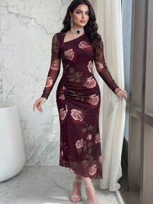 Feyla New Design Asymmetric Slanted Neckline Ruched Cinched Waist Elegant Print Elastic Dress - Multicolor - View 2
