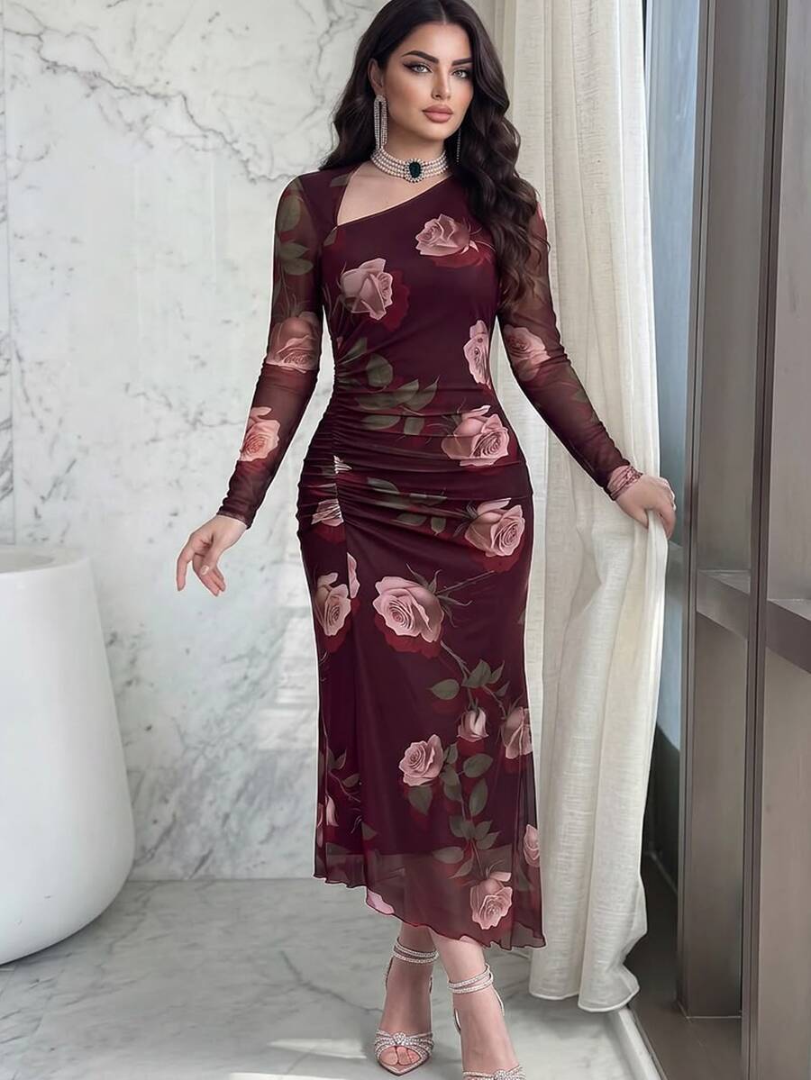 Feyla New Design Asymmetric Slanted Neckline Ruched Cinched Waist Elegant Print Elastic Dress