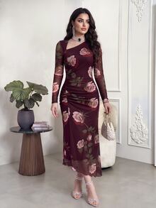 Feyla New Design Asymmetric Slanted Neckline Ruched Cinched Waist Elegant Print Elastic Dress - Multicolor - View 4