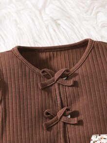 SHEIN 2pcs/Set Young Girl Knitted Brown Color Long Sleeve Cardigan And Ditsy Floral Camisole Dress Birthday Autumn Birthday Baby - Brown - View 5