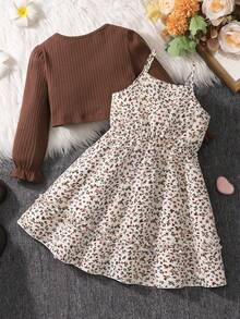 SHEIN 2pcs/Set Young Girl Knitted Brown Color Long Sleeve Cardigan And Ditsy Floral Camisole Dress Birthday Autumn Birthday Baby - Brown - View 3